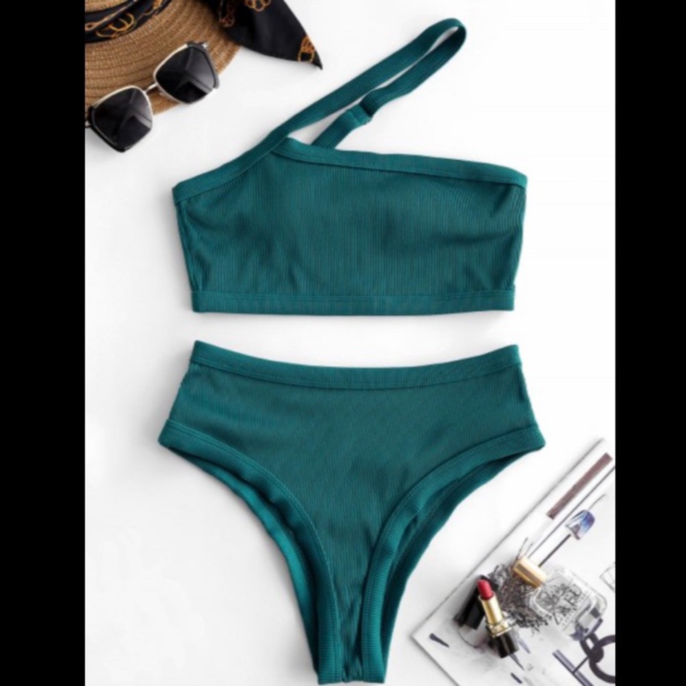 Zaful Textured Ribbed One Shoulder Tankini Green